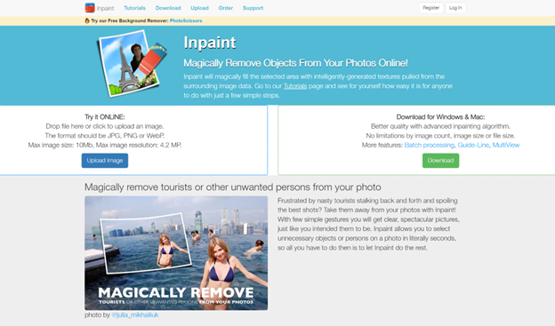 Screenshot of Inpaint website offering photo editing software to remove objects from images. Includes upload options, download links, a demo image with people, and promotional text.