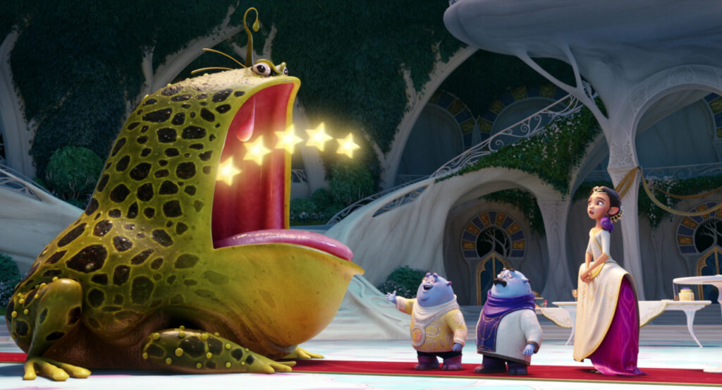 A large frog-like creature with stars coming from its mouth faces two small characters and a woman in a gown in an elaborate setting.