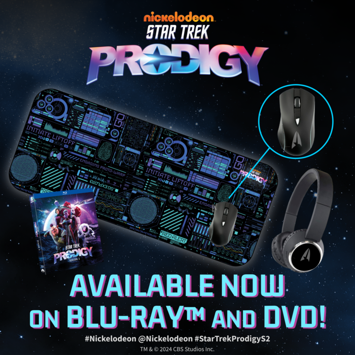 Nickelodeon Star Trek Prodigy promo featuring a DVD, gaming mouse, headset, and themed mouse pad. Text: Available now on Blu-ray and DVD. Hashtag references included.
