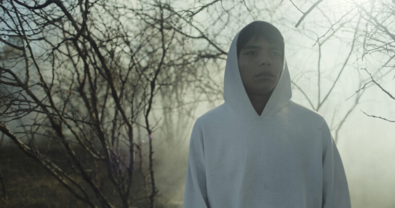 A person wearing a white hoodie stands in a foggy, leafless forest, looking into the distance.