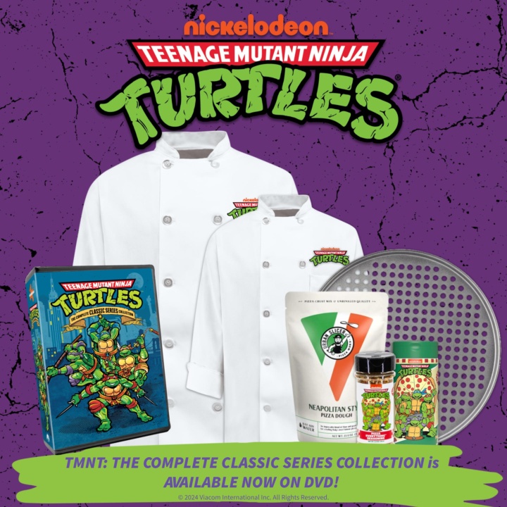 Teenage Mutant Ninja Turtles chef jackets, DVD collection, pizza sauce, and seasoning on display.