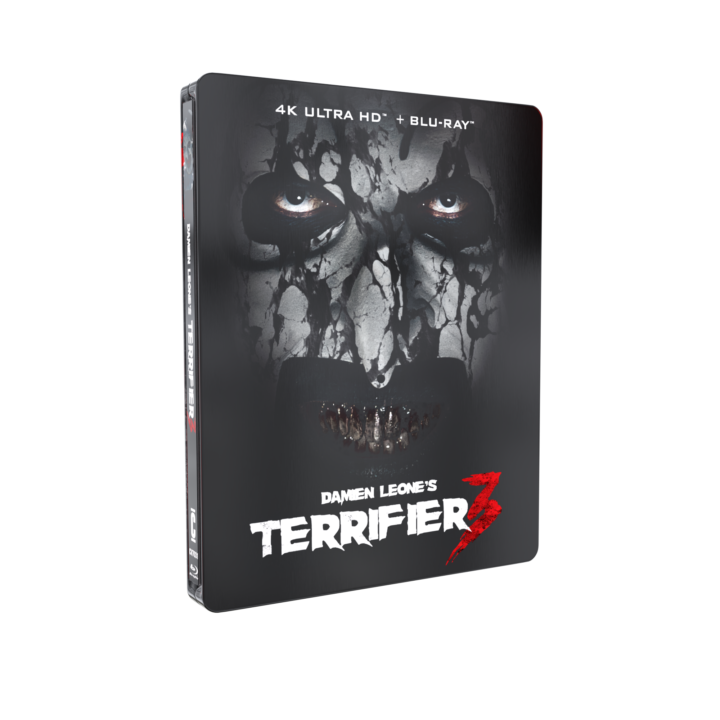 Blu-ray cover of "Terrifier 3" featuring a sinister face with dark, cracked skin and chilling eyes. Text includes "4K Ultra HD + Blu-ray" and "Damien Leone's Terrifier 3.