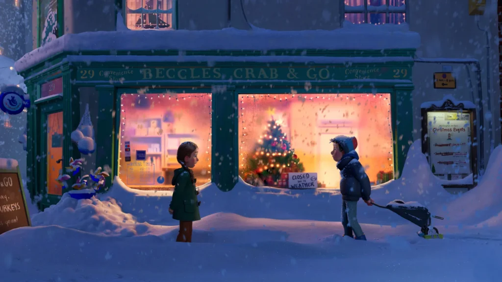 Two people in winter clothing face each other on a snow-covered street outside a lit shop with a Christmas tree in the window.