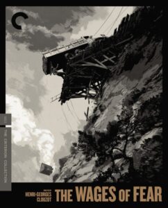 Black and white illustration of a rickety wooden bridge hanging over a rocky gorge with a truck precariously perched on it. Text: The Wages of Fear, director Henri-Georges Clouzot.