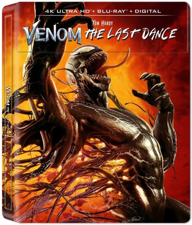 Cover of "Venom: The Last Dance" features Venom in a dynamic pose against a fiery background. Includes text "4K Ultra HD + Blu-Ray + Digital.