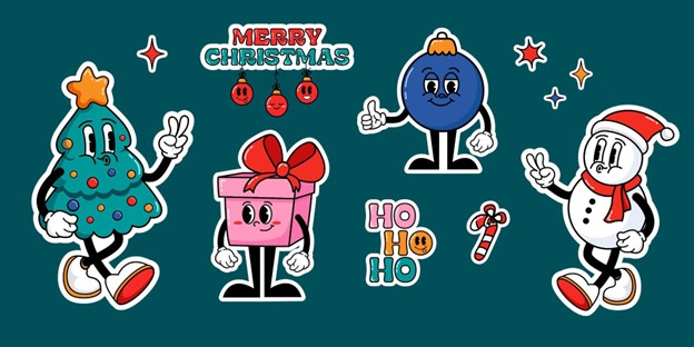 Cartoon Christmas characters including a tree, gift, ornament, and Santa, with festive text and decorations.