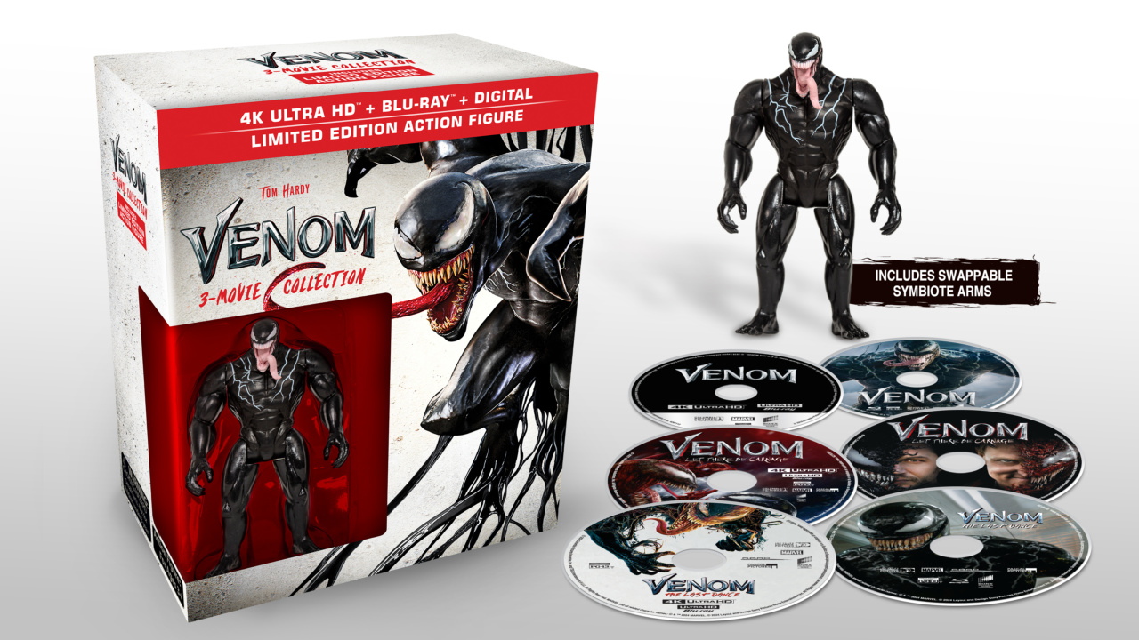 Venom 3-movie collection box set includes 4K, Blu-ray, digital copies, and a limited edition action figure with swappable symbiote arms.