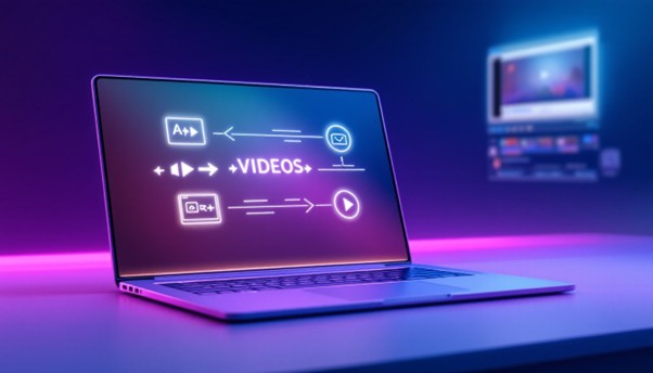 A laptop displays icons representing video editing, with a colorful gradient background and a blurred screen on the side.