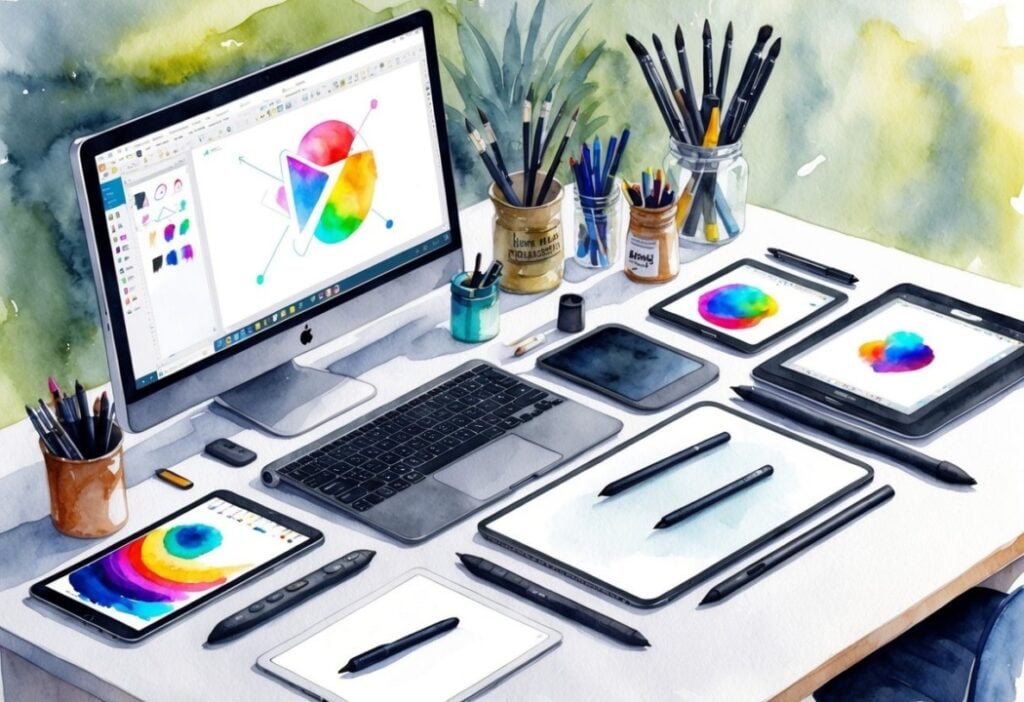 A desk with a desktop computer, laptop, tablets, drawing pads, pens, pencils, and brushes, displaying colorful design software.
