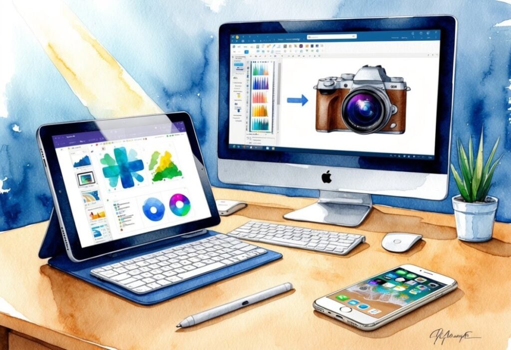 Digital illustration of a workspace with a desktop computer, tablet, smartphone, and office supplies, showing graphic design software on the screens.