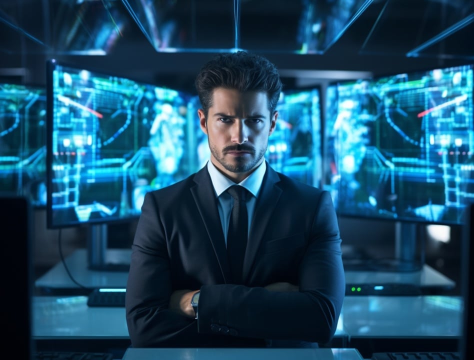 Man in a suit standing in front of multiple computer monitors displaying digital graphics.
