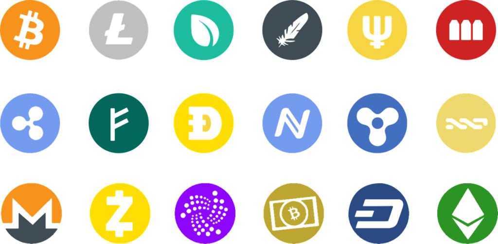 A grid of 18 cryptocurrency logos, each within a circular icon, displayed on a neutral background.