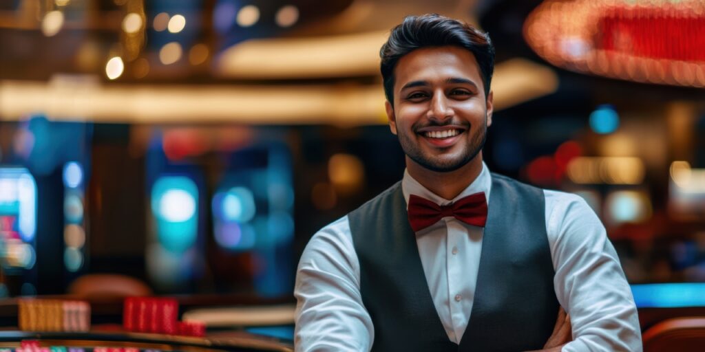 Smiling man in a bow tie and vest stands confidently in a casino environment with blurred lights in the background.