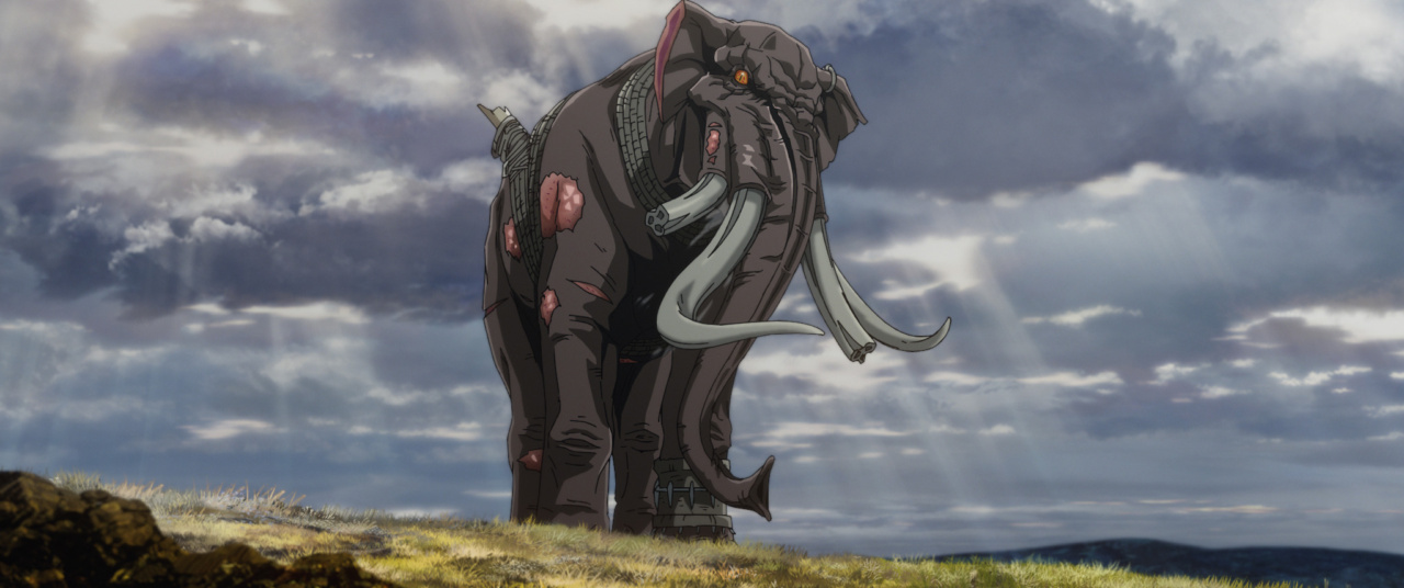 A large, armored elephant with tusks stands on a grassy landscape under a cloudy sky.