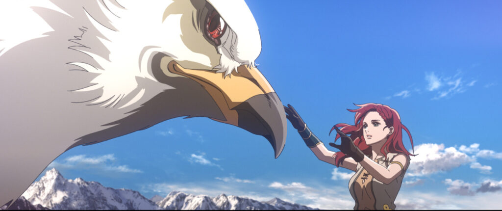 A person reaches out to touch a large white bird with a yellow beak against a blue sky and mountainous background.