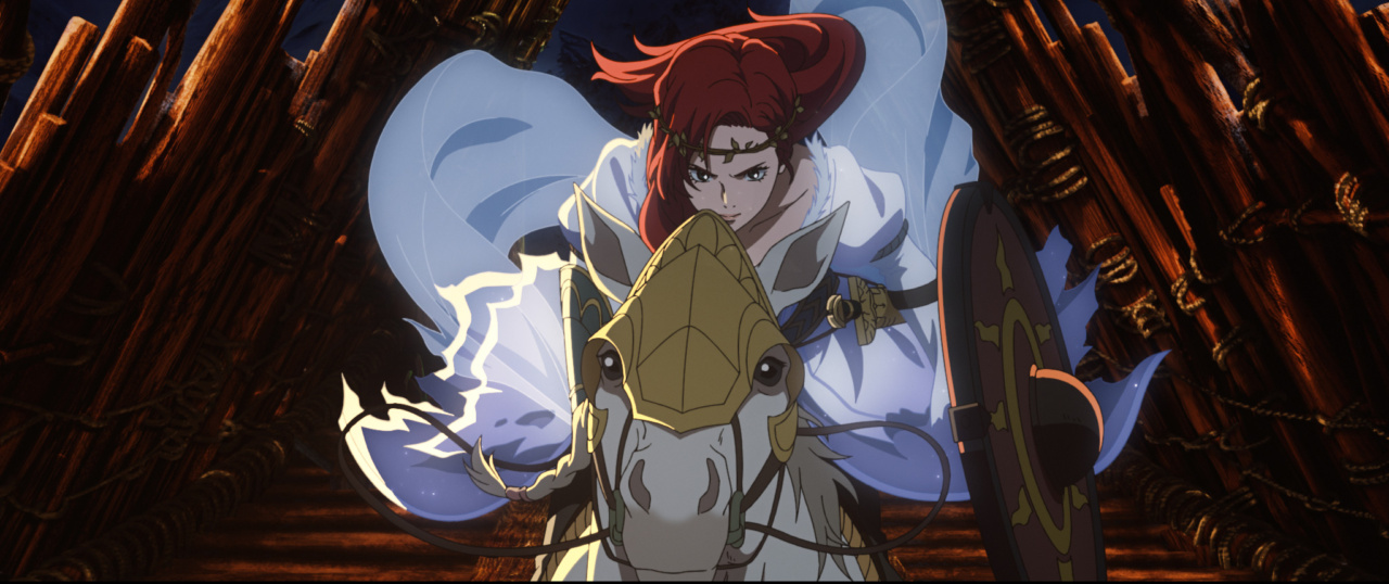 A red-haired warrior in armor rides a horse inside a wooden structure, holding a shield with glowing accents.