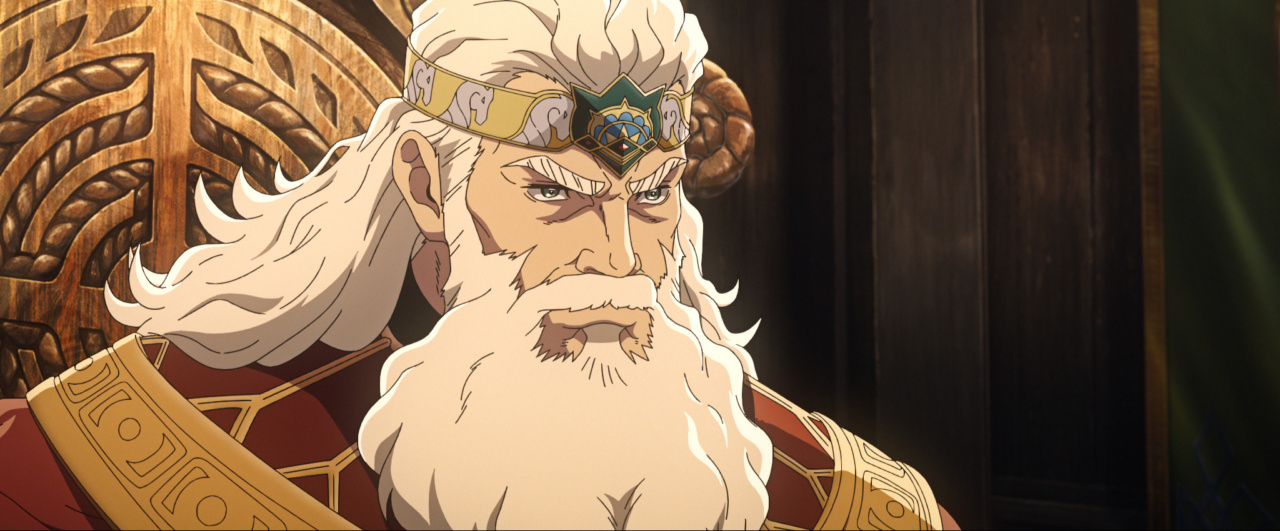 An animated character with a long white beard and elaborate crown, sitting in a throne-like chair.