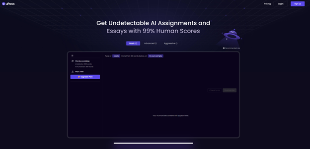 Screenshot of a website homepage offering AI-generated essays and assignments with 99% human scores. Features include options for advanced settings and agreement compliance.