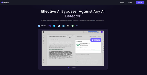 Screenshot of a website homepage titled "Effective AI Bypasser Against Any AI Detector" featuring a user interface mockup with text and menu options.