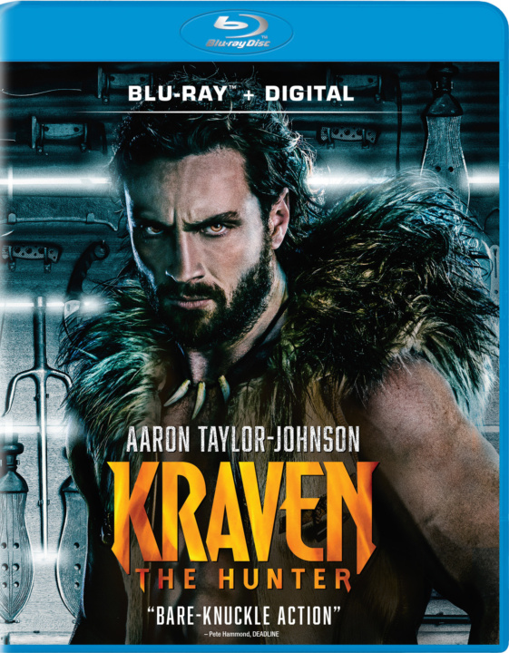 Blu-ray cover of "Kraven the Hunter" featuring a bearded man wearing a fur vest, with knives in the background, and text highlighting "bare-knuckle action.