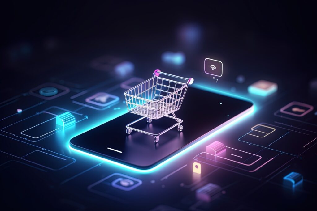 A digital shopping cart sits atop a glowing smartphone surrounded by floating app icons, symbolizing online shopping and e-commerce.