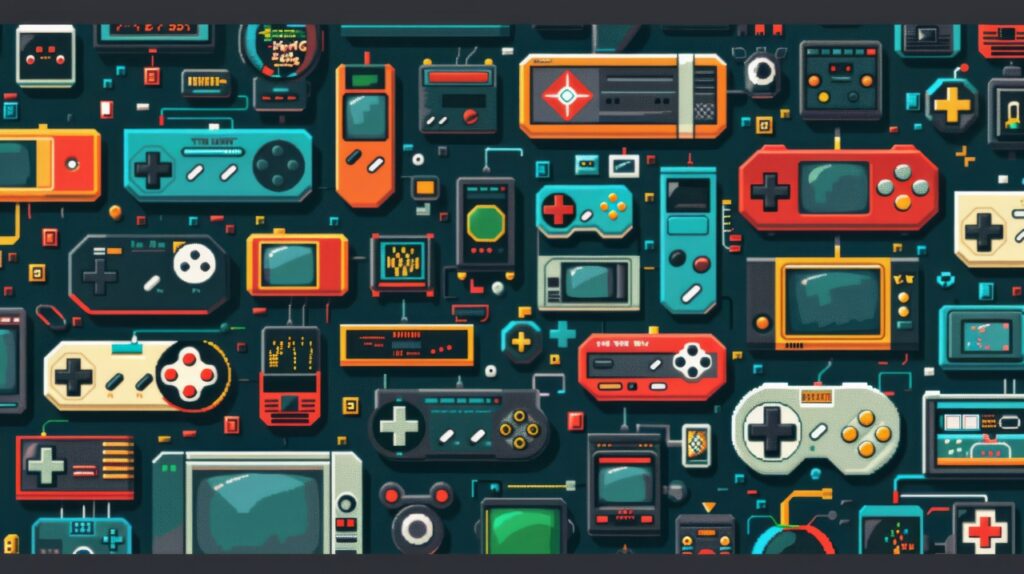 A colorful collection of various retro gaming consoles and controllers arranged closely together on a dark background.