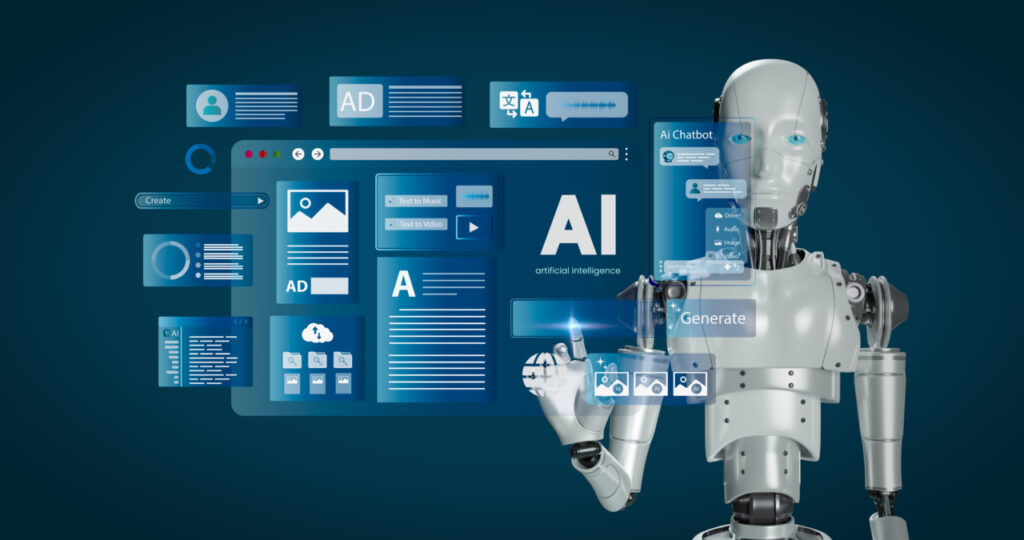 A humanoid robot interacts with a digital interface displaying AI, chatbots, and various icons for web design and content generation on a blue background.