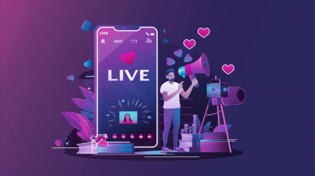 Illustration of a person with a megaphone next to a smartphone displaying a live stream. Hearts float around and a camera is on a tripod. The scene has a purple and blue color scheme.