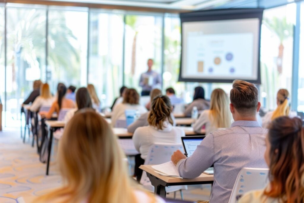 People seated in a conference room, facing a speaker and a large screen displaying charts and graphs. The room has large windows with a view of palm trees outside.