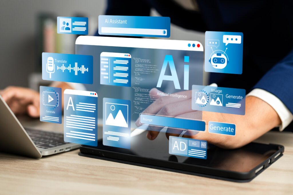 A person using a tablet with floating digital icons related to AI, including code, chat, and image generation symbols.