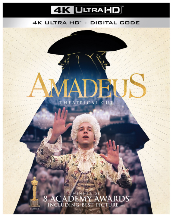 Cover of "Amadeus" 4K Ultra HD featuring a man in 18th-century attire with arms raised, backed by a shadowy figure in a hat. Includes text: "Winner of 8 Academy Awards, including Best Picture.