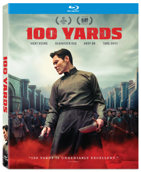 Cover of the Blu-ray for "100 Yards," featuring a man holding two knives, with a crowd in the background. Includes film festival accolades and names of the cast.