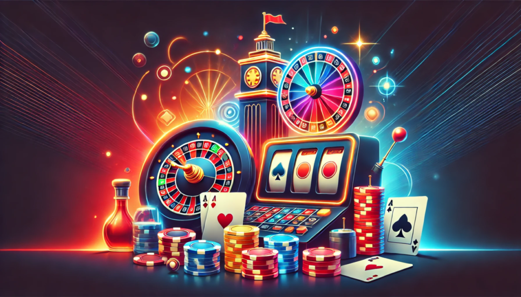 Casino-themed illustration with slot machine, roulette wheels, poker chips, playing cards, and Big Ben. Bright neon colors and abstract design elements.