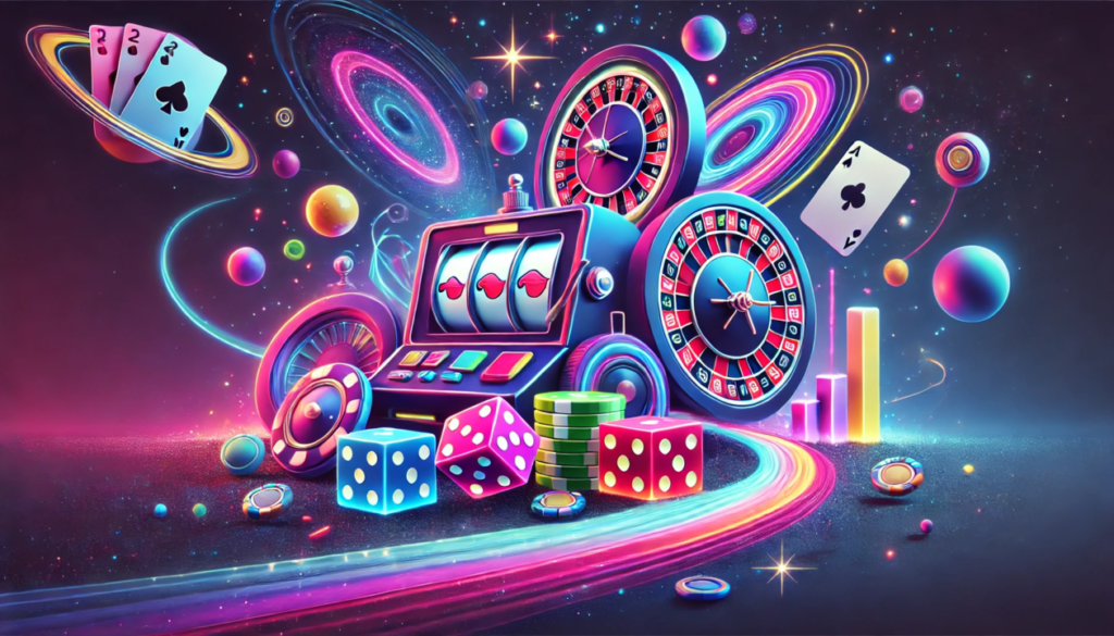 A vibrant digital artwork featuring casino elements like slot machines, roulette wheels, playing cards, and dice against a cosmic background with swirling galaxies and colorful planets.