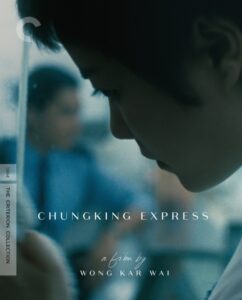 Close-up of a person looking downward with blurred background, featuring the text "Chungking Express, a film by Wong Kar Wai.