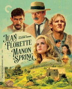 Movie poster for "Jean de Florette" and "Manon of the Spring," featuring illustrations of characters, a rural landscape with a stone house, and text indicating it's part of The Criterion Collection.