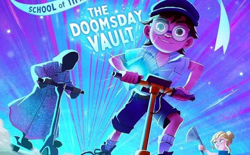 Illustrated cover showing a young person with glasses riding a scooter, titled "The Doomsday Vault," with a silhouetted figure and a girl in the background.