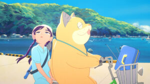 A girl with braided hair rides on a bicycle's rear seat, with a large, upright cat pedaling. They are by a coastal area with greenery and boats in the background.