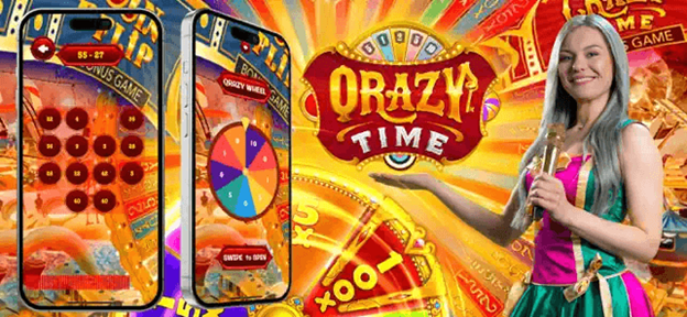 Colorful casino game advertisement featuring a woman holding a microphone, with bright graphics including game wheels and numbers displayed on smartphones.