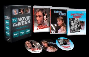 Box set and three DVD cases of "TV Movie of the Week Collection 2" displayed, featuring "Terror Among Us," "Fallen Angel," and "Shattered Spirits" with matching disc designs.
