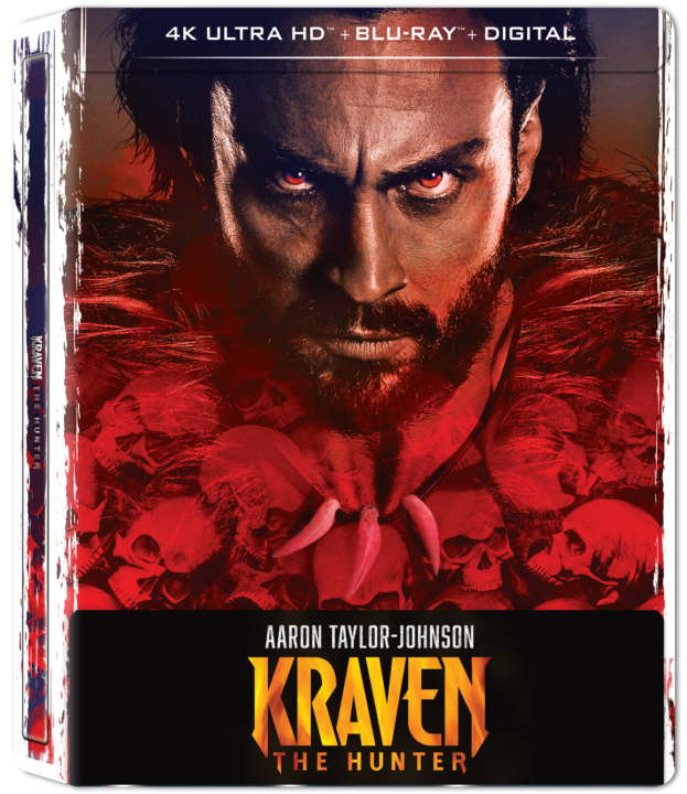 Close-up of a Blu-ray cover for "Kraven the Hunter" featuring a man with an intense expression, surrounded by red and skull imagery.