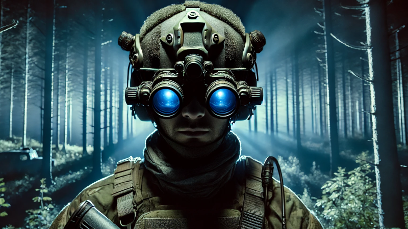 A person wearing tactical gear and night vision goggles with blue lenses stands in a forest at night, illuminated by beams of light.
