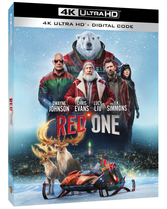 Movie cover for "Red One" featuring four actors, a polar bear, and a reindeer with a Santa hat. Snowy background and title in bold letters.