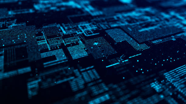 Futuristic digital circuit board with glowing blue lines and geometric patterns, depicting a technological network or data system theme.