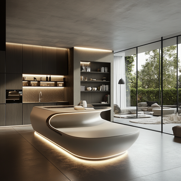 Modern kitchen with a sleek, curved island, integrated lighting, and open shelving. Large glass doors open to a view of a garden with trees.