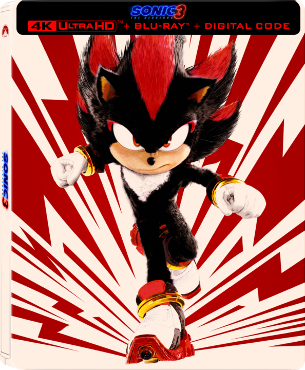 A character resembling a black and red anthropomorphic hedgehog is running forward with an intense expression. The background is red with dynamic lines.