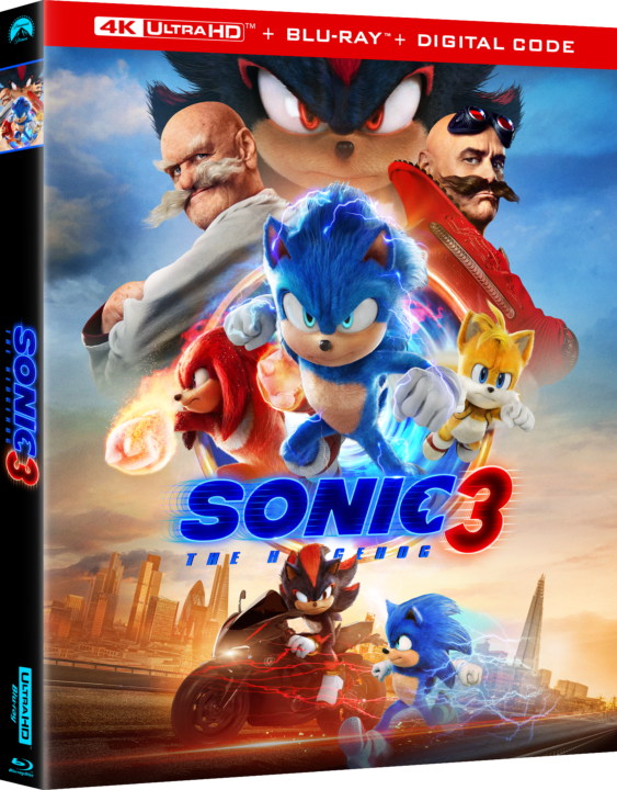 Cover of "Sonic 3: The Hedgehog" 4K Ultra HD, featuring Sonic, Tails, Knuckles, and two men, with a cityscape background.