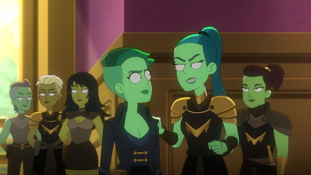 Animated scene with several green-skinned characters in black and gold outfits in a room. Two characters are in the foreground having a conversation, while three others stand in the background.