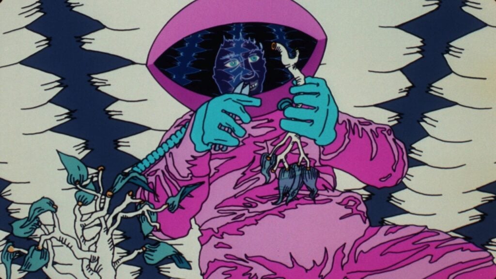 A person in a pink spacesuit with a reflective helmet holds a plant, surrounded by abstract shapes and colors.