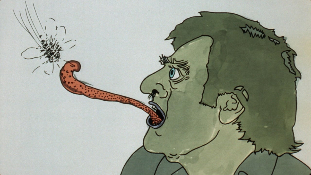 Cartoon of a man with a chameleon-like tongue catching a fly mid-air.